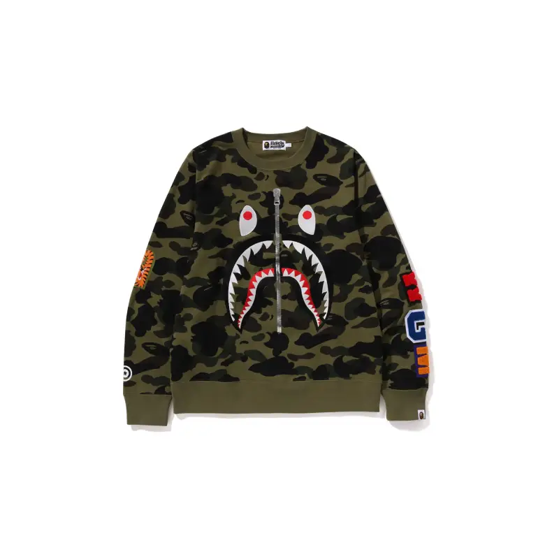 BAPE 1st Camo Shark Crewneck Sweatshirt - Army Green Camo - Front